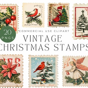 Vintage Weihnachten Briefmarken Clipart Sammlung | 20 PNGs - Retro Urlaub Ephemera, Scrapbooking, Einladungen, Digital Collage, Weihnachtsdekor
