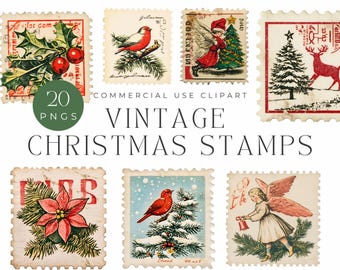 Vintage Christmas Stamps Clipart Collection | 20 PNGs - Retro Holiday Ephemera, Scrapbooking, Invitations, Digital Collage, Christmas Decor