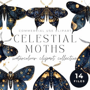Himmlische Motten Clipart - Aquarell Mond & Stern Motten, mystische Insekt Illustrationen, digitaler Download, Einladungen, Scrapbook, kommerzielle Nutzung