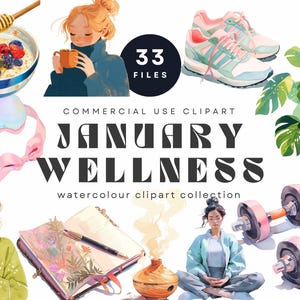 Pacchetto di clipart acquerello benessere di gennaio, accogliente cura di sé, meditazione, piante, fitness, colazione, accogliente inverno, obiettivi per il nuovo anno