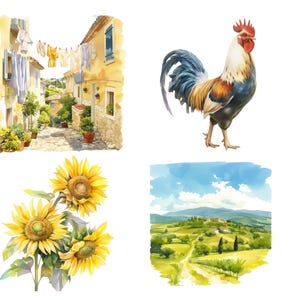 May include: A watercolor painting collage featuring four scenes: a rooster, a row of houses with laundry hanging on a line, a field of sunflowers, and a rural landscape with a winding road.