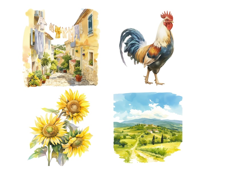 May include: A watercolor painting collage featuring four scenes: a rooster, a row of houses with laundry hanging on a line, a field of sunflowers, and a rural landscape with a winding road.