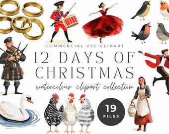 12 Days of Christmas Watercolor Clipart, Holiday Clipart Collection, Christmas Illustrations, Commercial Use Christmas Art