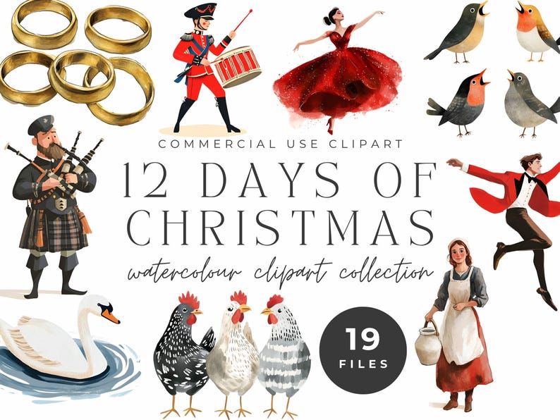 12 Days of Christmas Watercolor Clipart, Holiday Clipart Collection ...