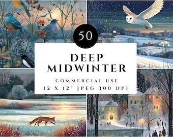 Deep Midwinter Illustrations, Winter Wildlife Landscapes (JPEG 12x12", Digital Download)