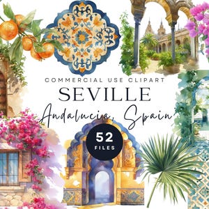 Clip Art de aquarela de Sevilha, Azulejos espanhóis, Andaluzia Espanha, Estética mediterrânea, Buganvílias, Arquitetura, Ilustração de viagem