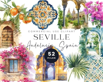 Seville Watercolor Clipart, Spanish Tiles, Architecture (Digital Download)