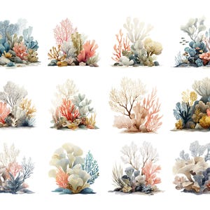 May include: Watercolor illustrations of coral reefs in various arrangements. The artwork features a palette of blues, pinks, yellows, and whites, depicting diverse coral formations and aquatic plants. The designs are set against a white background.