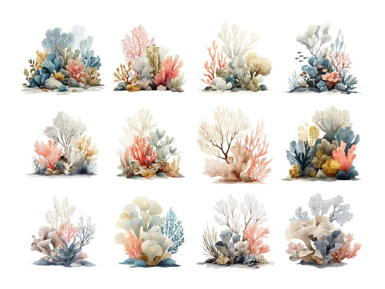 May include: Watercolor illustrations of coral reefs in various arrangements. The artwork features a palette of blues, pinks, yellows, and whites, depicting diverse coral formations and aquatic plants. The designs are set against a white background.