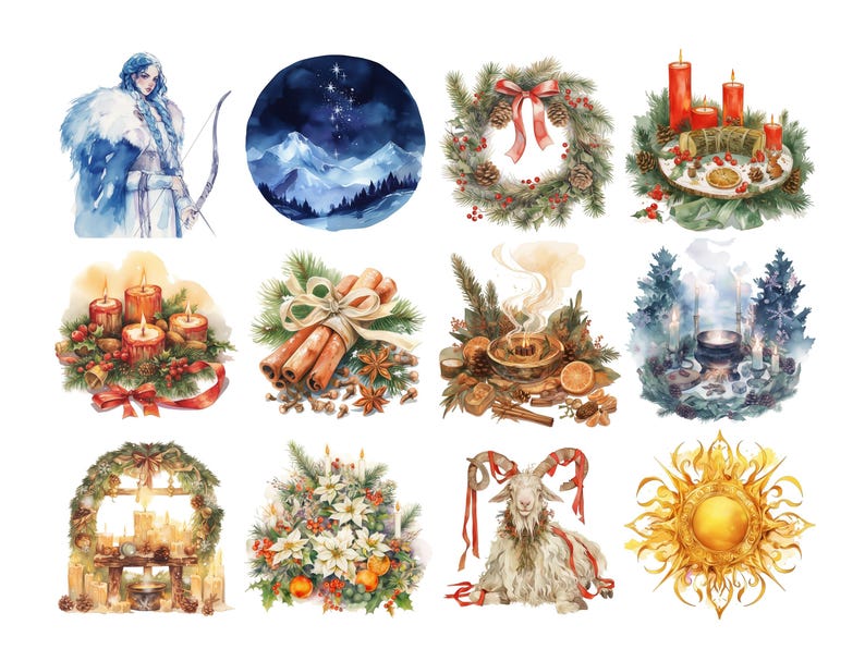 Yule Clipart Bundle, Winter Solstice Watercolor Graphics (digital ...