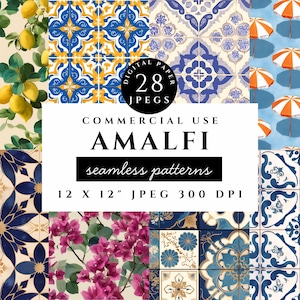 Côte amalfitaine, motifs sans couture, papier numérique carrelage méditerranéen, clipart floral plage citron, arrière-plans de l'été italien