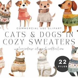 Collection de cliparts chats et chiens dans des pulls douillets | Animaux à l'aquarelle en pulls | Illustrations d'animaux mignons pour les travaux manuels des Fêtes