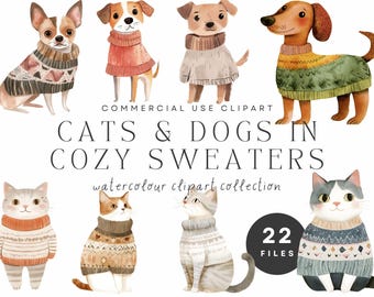 Watercolor Cats and Dogs Clipart | Cozy Sweaters, Holiday Crafts (Digital Download)