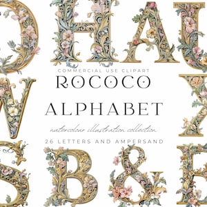 Alfabeto floral rococó, imágenes prediseñadas: letras de acuarela ornamentadas, conjunto PNG para monogramas, invitaciones, manualidades y marcas