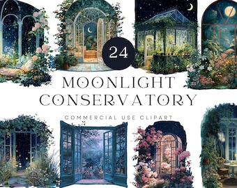 Moonlight Conservatory Clipart | Night Garden Watercolor Art (Digital Download)