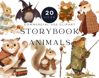 Op de afbeelding: Een set van 20 digitale illustraties van sprookjesdieren. De dieren zijn afgebeeld in een fantasierijke stijl met verschillende uitdrukkingen en poses. De set bevat een konijn, een vleermuis, een muis, een eekhoorn, een uil en een otter.