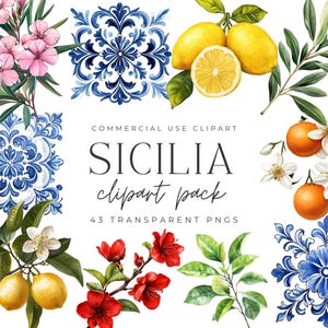 Clipart méditerranéen - citrons et carreaux - agrumes flore sicilienne - carreaux bleus blancs - aquarelle - usage Commercial - clipart mariage