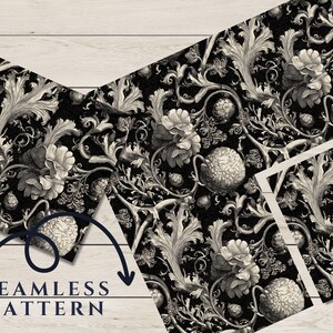 May include: A seamless pattern featuring black and white illustrations of stylised flowers, leaves, and vines. The pattern is on a black background.