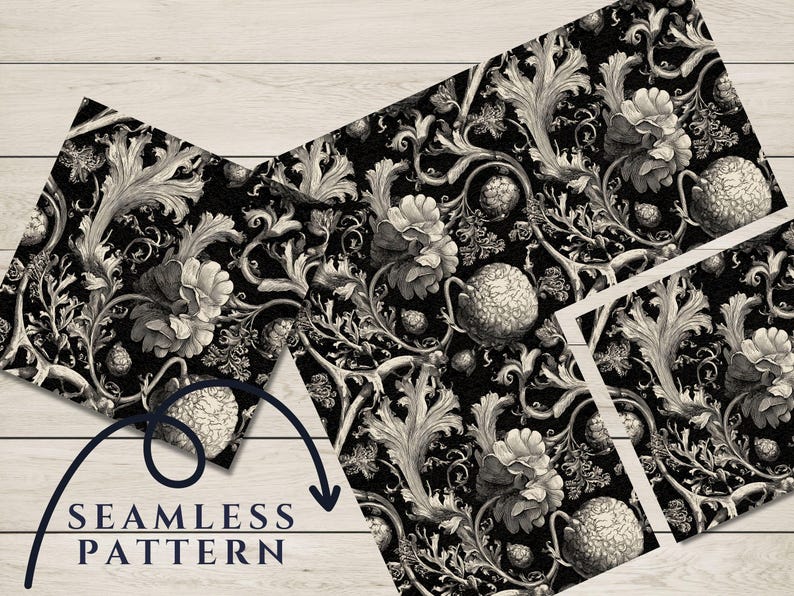May include: A seamless pattern featuring black and white illustrations of stylised flowers, leaves, and vines. The pattern is on a black background.