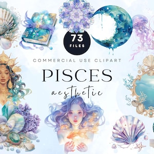 Pisces Aesthetic Clipart | Zodiac Digital Art | Goddess Clip Art | Boho Mermaid Aesthetic | Fantasy Astrology Art | Mystical Ocean Graphics
