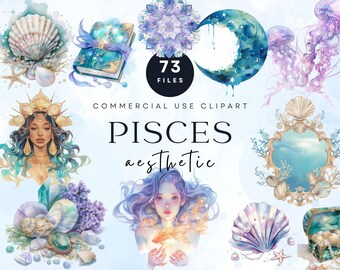Pisces Watercolor Clipart | Mermaid, Ocean, Zodiac (Digital Download)