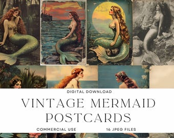 Vintage Mermaid Postcards | High-Res Clipart Collection (Digital Download)