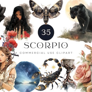 Pacote de Cliparts Estéticos de Escorpião | Arte do Zodíaco Negro, Elementos de Bruxa, Rosas Góticas, Escorpiões, Pantera Negra, Ilustrações Místicas
