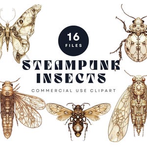 May include: 16 digital clipart images of steampunk insects. The insects are drawn in a realistic style and feature intricate details of gears, cogs, and other mechanical elements. The insects are all in shades of gold and brown.