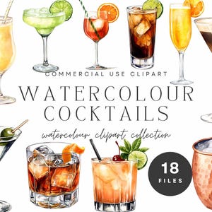Clipartcollectie aquarelcocktails – tropische drankjes, klassieke cocktails, mixologie-illustraties, happy hour-graphics, barmenukunst