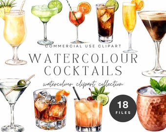 Watercolor Cocktails Clipart – Tropical Drink Illustrations (Digital Download)