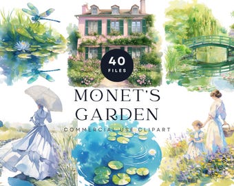 Clipart acquerello del giardino di Monet, stagno delle ninfee, arte francese (download digitale)