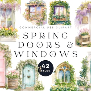 Puede incluir: Un conjunto digital de clipart de 42 ilustraciones de acuarela que presentan puertas y ventanas de primavera con acentos florales. Las ilustraciones incluyen una variedad de estilos, colores y diseños, como una puerta rosa con una corona, una puerta azul con un aldaba y una ventana con una jardinera.