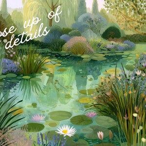 May include: An impressionistic painting of a garden pond with lily pads, water lilies, and lush greenery. The artwork features a variety of plants and flowers, with the text "close up of details" in the upper left corner.