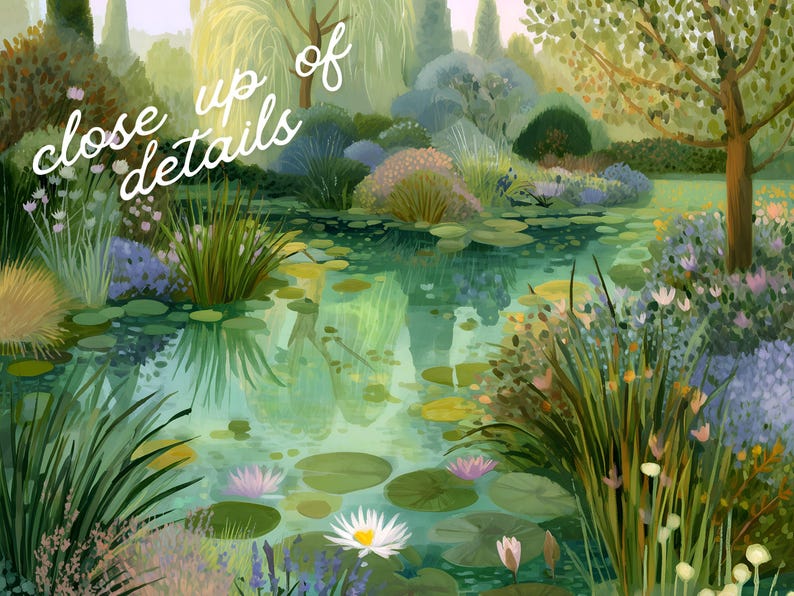 May include: An impressionistic painting of a garden pond with lily pads, water lilies, and lush greenery. The artwork features a variety of plants and flowers, with the text "close up of details" in the upper left corner.