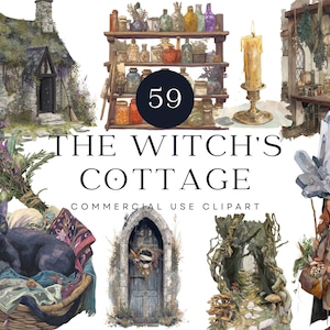 Clipart Cottagecore sorcière, éphémères universitaires sombres, art de l'apothicaire à base de plantes, illustrations de la forêt magique, esthétique sorcière vintage