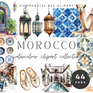Collection de cliparts Maroc - Illustrations marocaines aquarelles, Clipart destination, Design islamique, Scrapbooking de voyage, Faire-part