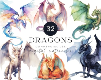 Watercolor Dragon Clipart | 32 Fantasy Illustrations (Digital Download)