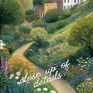 May include: A detailed painting of a winding path through a lush garden filled with colorful flowers and greenery. The path leads towards buildings nestled on a hillside. The text "close up of details" is visible.