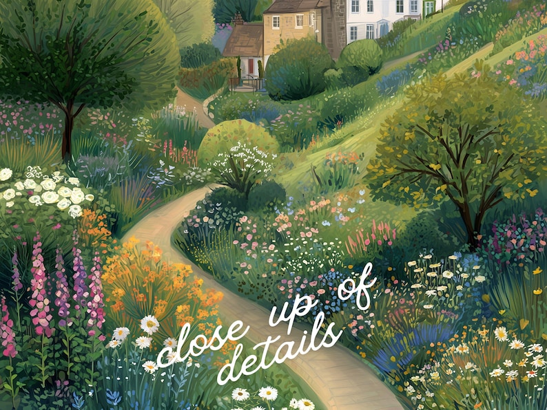 May include: A detailed painting of a winding path through a lush garden filled with colorful flowers and greenery. The path leads towards buildings nestled on a hillside. The text "close up of details" is visible.