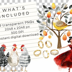 12 Days of Christmas Watercolor Clipart, Holiday Clipart Collection ...