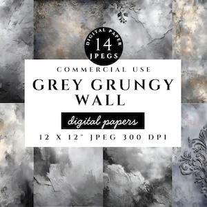 Può includere: Una collezione di 14 carte digitali con una texture di muro grigio e grunge. L'immagine include il testo "GREY GRUNGY WALL" e "digital papers". Ogni carta misura 30,48 x 30,48 cm e 300 DPI, adatta per uso commerciale.