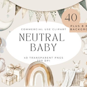 Neutrale collectie babyclipart | 40 high-res png-bestanden plus digitale documenten - genderneutraal kinderdagverblijf, uitnodigingen babyshower, verjaardag