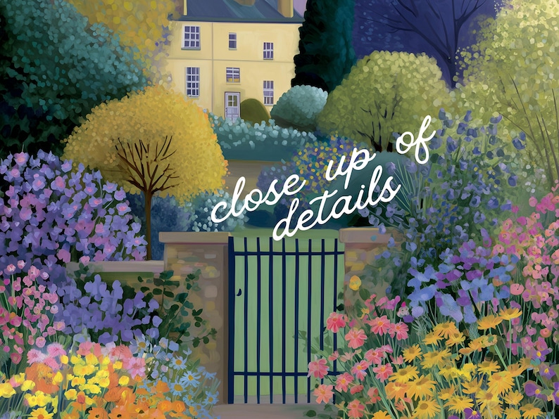 May include: A colorful painting of a garden scene with a yellow building in the background. The garden features a variety of flowers in shades of pink, yellow, and purple, with green trees and bushes. The text "close up of details" is written in white.
