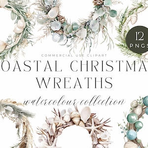 Kust kerstkransen clipart | Aquarel strand clipart, digitale download, tropische vakantie, strand kerst clipart