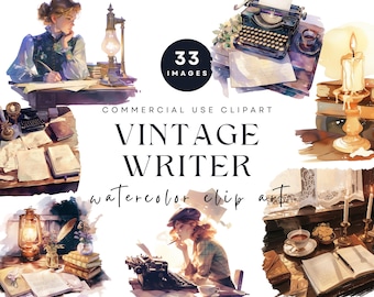 Vintage Writer Clipart, Antique Typewriter, Cozy Desk Watercolor (Digital Download)