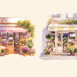 Pu&ograve; includere: Due acquerelli di negozi di fiori. Il primo negozio ha un'insegna rosa ed &egrave; pieno di fiori colorati. Il secondo negozio ha un'insegna gialla ed &egrave; anche pieno di fiori. Entrambi i negozi hanno un cartello che dice "Fiori freschi".