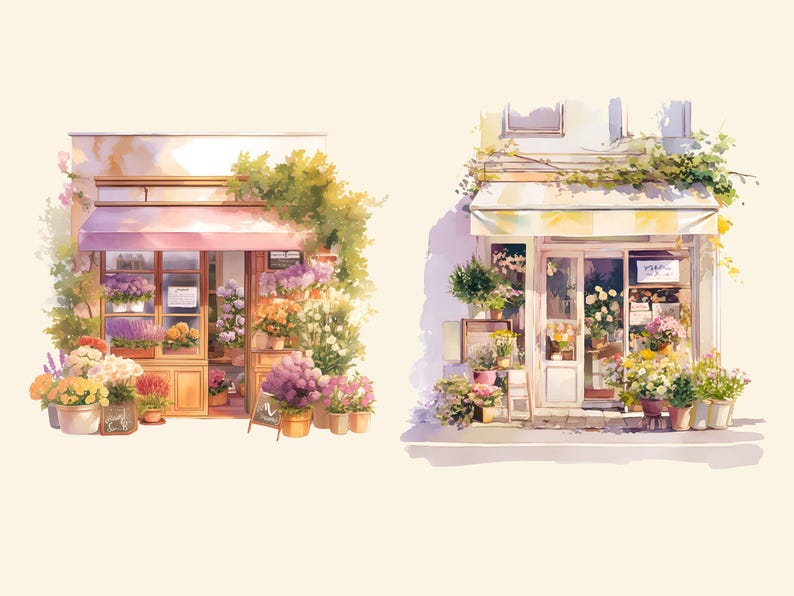 Pu&ograve; includere: Due acquerelli di negozi di fiori. Il primo negozio ha un'insegna rosa ed &egrave; pieno di fiori colorati. Il secondo negozio ha un'insegna gialla ed &egrave; anche pieno di fiori. Entrambi i negozi hanno un cartello che dice "Fiori freschi".
