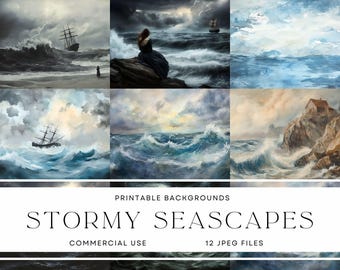 May include: A set of 12 digital printable backgrounds featuring stormy seascapes. The images depict various scenes of stormy seas with ships, lighthouses, and dramatic clouds.