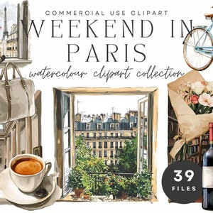Weekend a Parigi Clipart acquerello / Illustrazioni parigine / Scene romantiche francesi / Estetica parigina, Scrapbooking, Inviti
