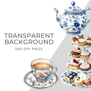 May include: A watercolor illustration of a teacup and saucer, a teapot, and a tiered cake stand with various pastries. The teacup and teapot are decorated with blue and white floral patterns. The cake stand is white with blue floral accents and features a variety of pastries, including cupcakes, tarts, and cookies.